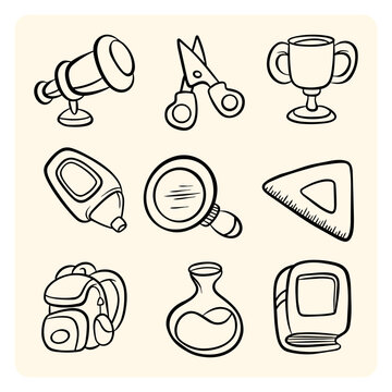 School Supplies and Education Icons Line Art Set