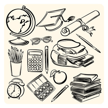 School Supplies and Education Line Art Elements Set