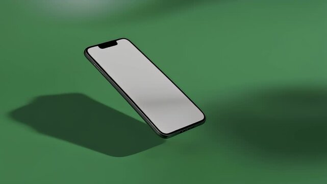 Three different angles of an iPhone mockup with blank screens on a green background.