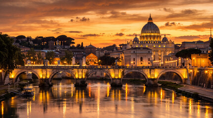 Obraz premium Historic stone bridge and grand cathedral dome at sunset over river