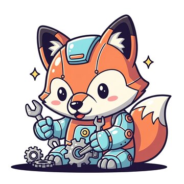 Cute Robot Fox Character Holding Tools.