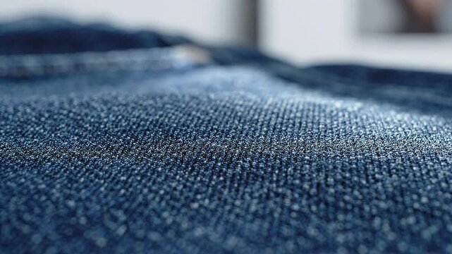 Blue denim fabric texture reflecting light, macro close-up of textile fibers