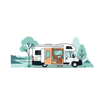 Modern camper van parked near a rural river, side door open showing a small workspace with a laptop, minimalist trees and water, serene outdoor office, minimalist flat vector artwork, clipart