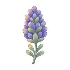 Obraz premium Cute cartoon cute lavender character with a happy face, flat vector kawaii botanical mascot isolated on a white background