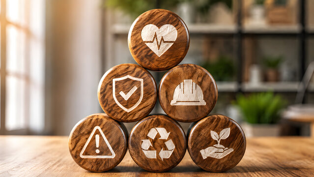 HSE Concept with Wooden Blocks Showing Health Safety and Environment Icons