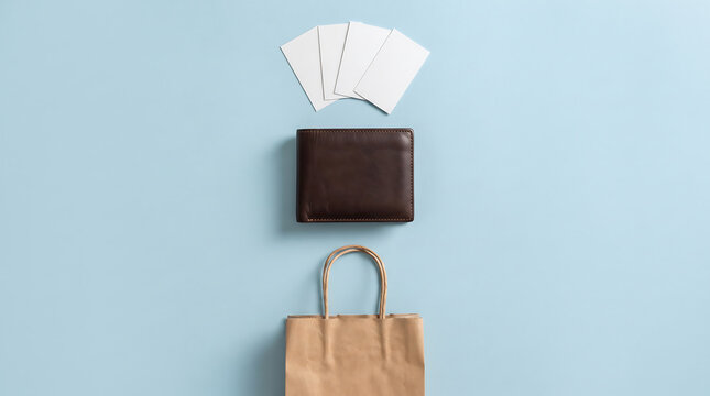 Minimalist arrangement of brown leather wallet kraft shopping bag three blank white cards on blue background shopping business accessory stationery template