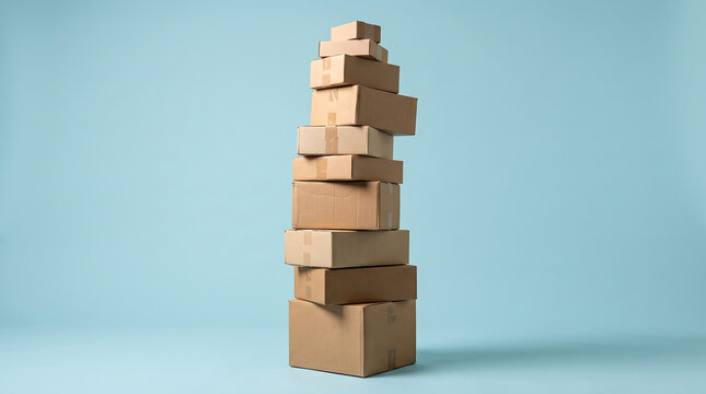 Tower of brown cardboard shipping boxes piled against solid light blue backdrop symbolizes global retail e-commerce distribution logistics or professional storage.