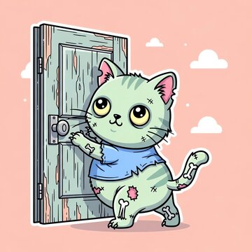 Cute Zombie Cat Opening Door Illustration.
