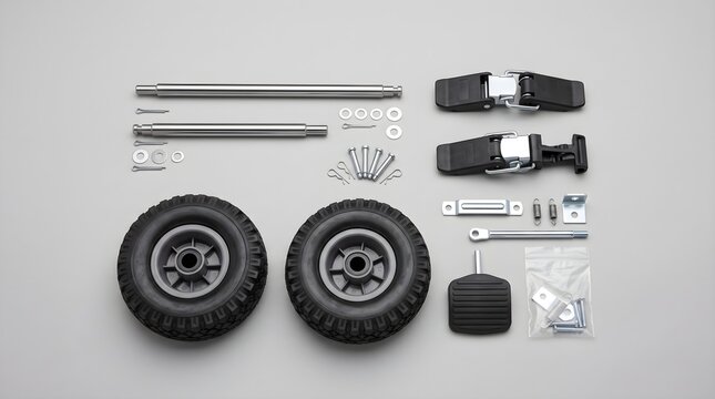 Commercial outdoor trash can wheel axle assembly lid latches pedal hinges and replacement rubber wheels vector icon layout on white background.