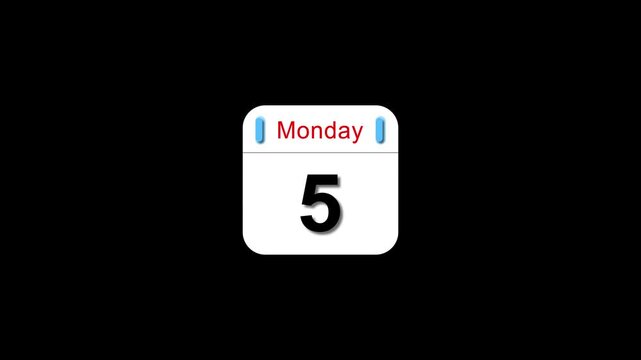 Calendar showing Monday the 5 isolated on black background. date reminder concept for business planning and scheduling on black background.