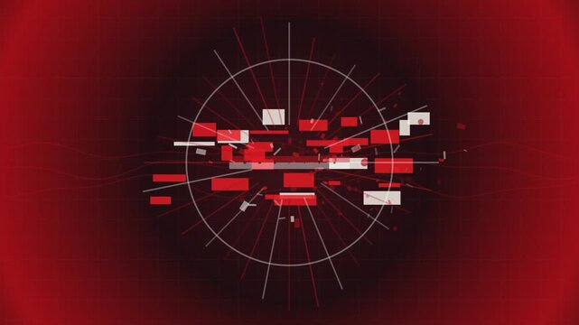 Abstract red background featuring a central radiating circle with scattered red and white rectangular elements, suggesting data or an energetic event.
