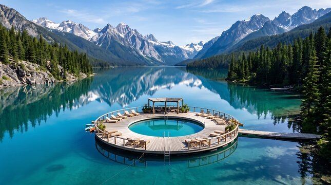 Circular floating wooden deck with pool sits in a turquoise mountain lake resort.