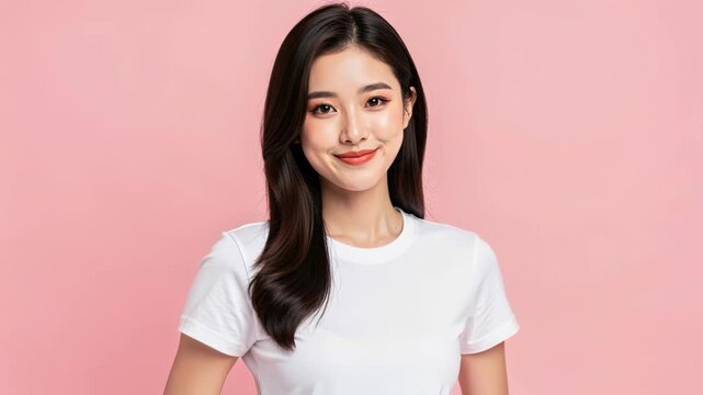Portrait of a Happy Young Woman: A beautiful young woman with long, dark hair and a warm smile poses against a soft pink background, exuding confidence and charm.