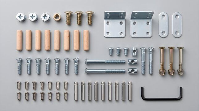Furniture assembly cam lock fasteners with connecting dowel pins shelf support pegs and screws flat vector icon layout.