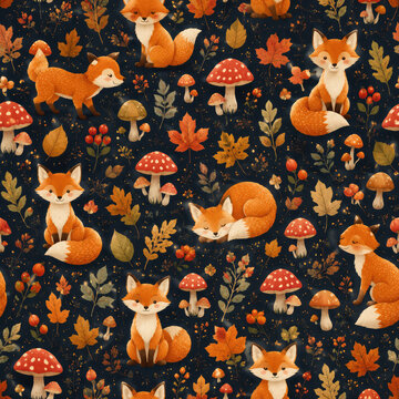 Cute Fox Autumn Seamless Pattern with Mushrooms, Fall Leaves and Berries