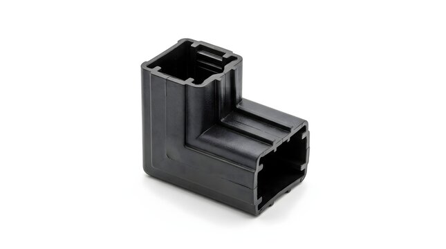 Plastic L shaped right angle window screen corner connector joint frame fitting isolated on white background.