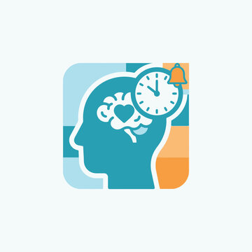 Mind clock symbol featuring human head and brain icon.