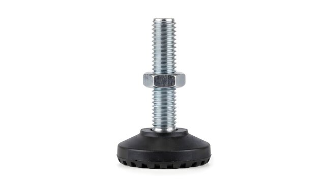 Steel threaded stud bolt with hex nut screw fastener isolated on white background.