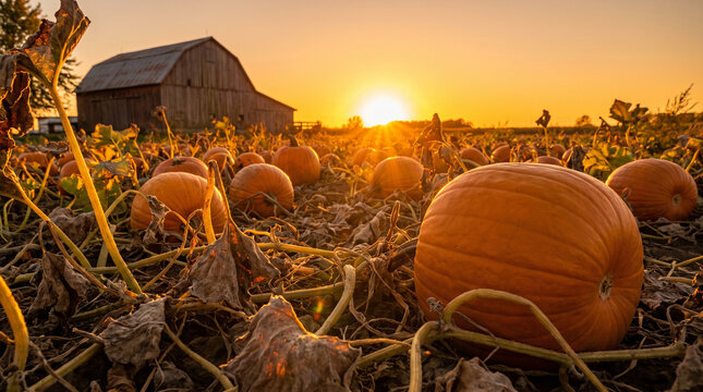 pumpkin patch at sunset with barn