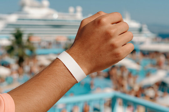 Blank all inclusive resort wristband on holidaymaker wrist with summer vacation background
