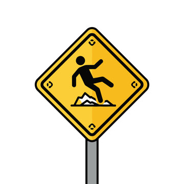 Yellow caution sign warning about slipping hazard on uneven ground.