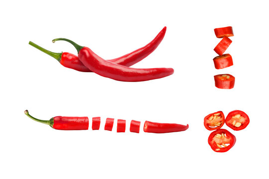 Red hot chili peppers set with slices on transparent background png	
