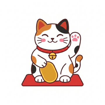 Cute Japanese lucky cat maneki neko illustration with raised paw