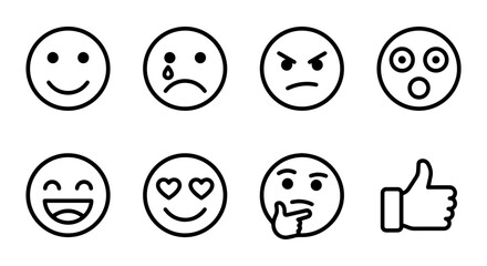 Fototapeta premium Vector Set of Simple Emotion Icons, Expressive Faces, Thumbs Up, Social Media Symbols