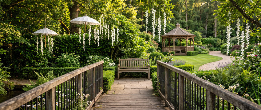 Wooden bridge leading to a romantic garden with a gazebo and parasols
