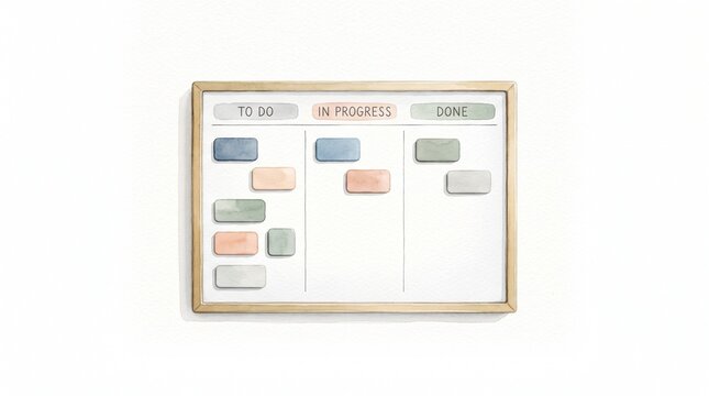Minimalist magnetic task board for workflow organization and daily productivity planning, watercolor illustration isolated on white.