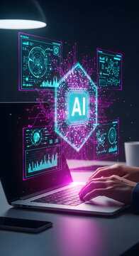 Professional Hands Typing on Laptop with Holographic Artificial Intelligence