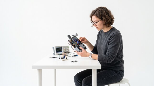 Woman engineer working on electronic device with oscilloscope and breadboard