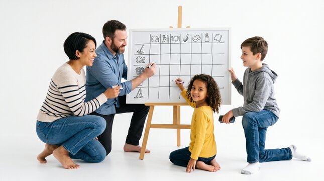 Family creating a chore chart on a whiteboard with icons for tasks
