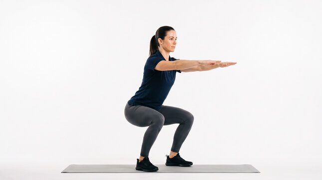 Woman performing a bodyweight squat exercise on a yoga mat
