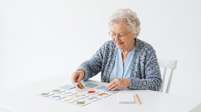 Elderly woman playing a memory matching game with illustrated cards
