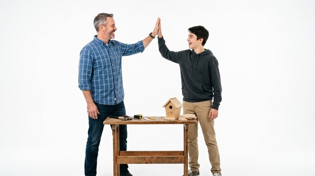 Father and son high five while building a birdhouse together
