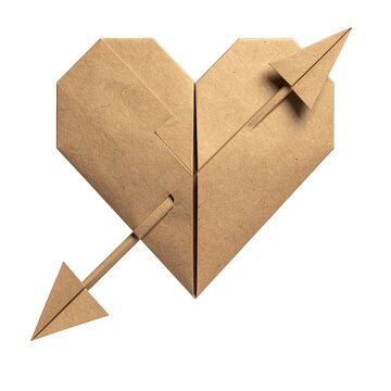 Folded paper heart pierced by an arrow design isolated on a dark background