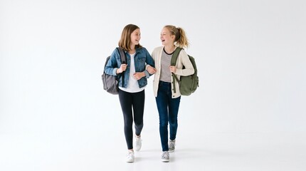 Fototapeta premium Two happy young girls walking with backpacks on white background