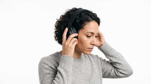 Woman wearing black headphones listening to music with eyes closed