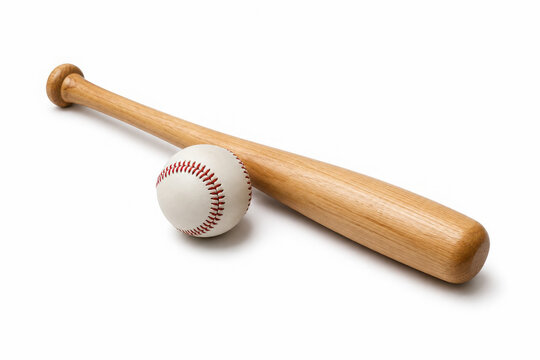 Wooden baseball bat and classic leather baseball with red stitching rest together on a plain white studio background.