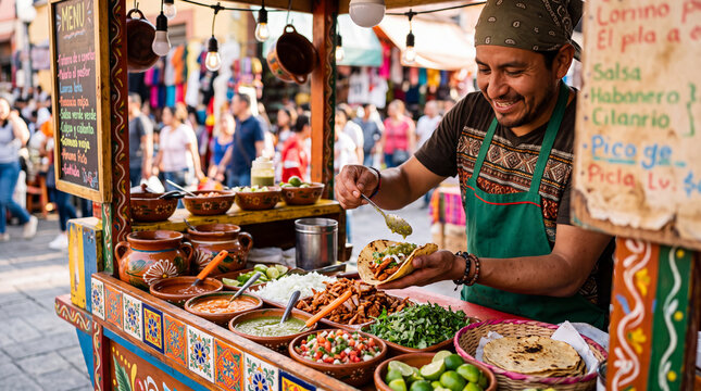 Smiling street food vendor preparing traditional tacos at outdoor stall