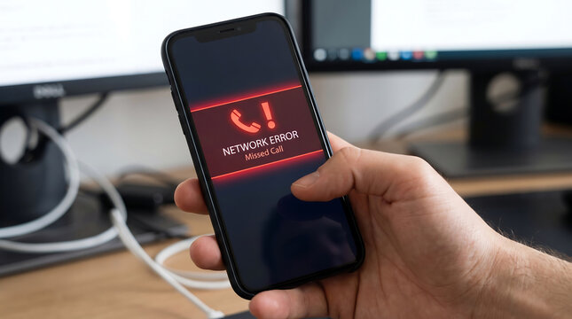 Person holding a smartphone showing a network error notification on the screen