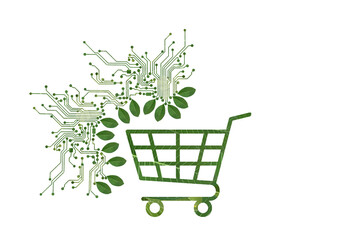 Green shopping cart with circuit board leaf for eco technology © amornme