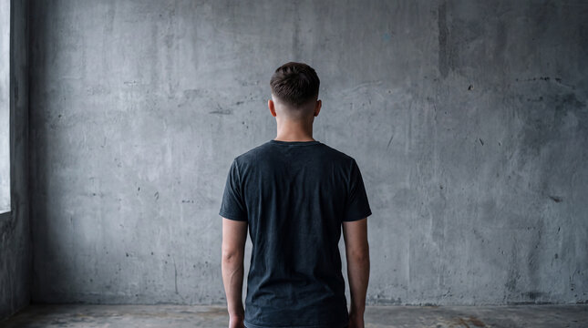 Rear view of young man standing against a textured grey concrete wall