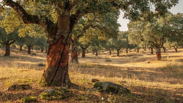 Cork oak trees stand in a sun-drenched grove displaying harvested bark along their trunks in a rural Mediterranean landscape.