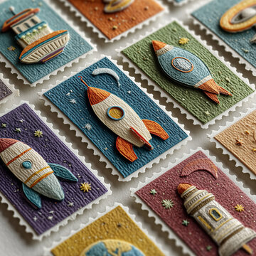 Retro Space Travel Rocket Postage Stamps Isometric Layout, 레트로 우주 여행 로켓 우표 아이소메트릭 레이아웃