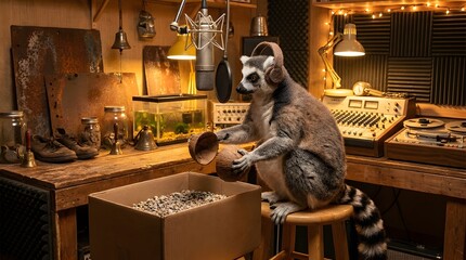 Naklejka premium Curious Ring-tailed Lemur Playing Coconut in Studio