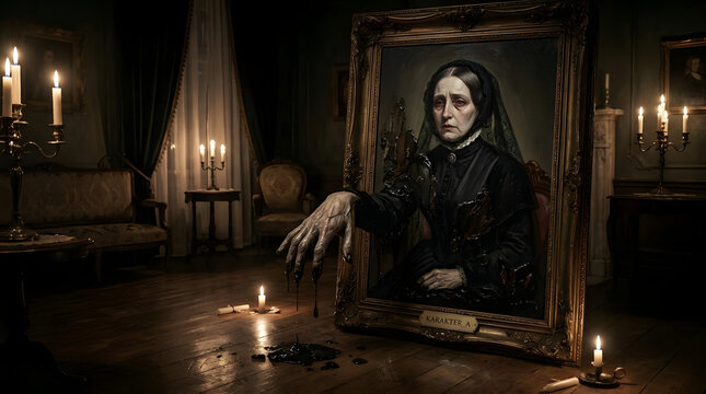 Ghostly gothic woman emerging from vintage portrait frame.