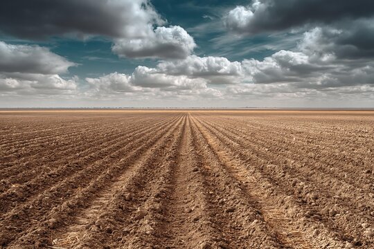 Ploughed agricultural field with deep furrows extending to distant horizon under dramatic cloudy sky