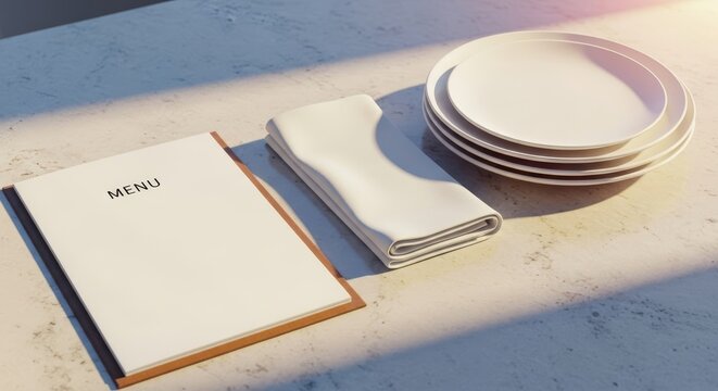 Sophisticated restaurant branding mockup with a blank menu, cotton napkin, and ceramic plates on a polished stone table in warm sunlight, plate, elegant, branding